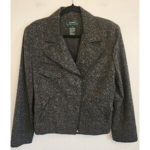 Lauren Ralph Lauren Womens 100% Lambswool Jacket Asymmetrical Moto Charcoal Sz14